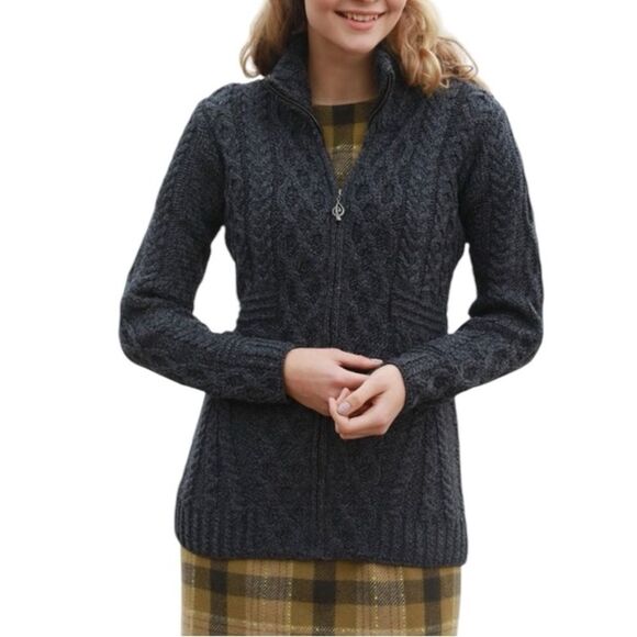 VTG Ireland Inis Crafts 100% Merino Wool Full Zip Cable Knit Fisherman Sweater - Picture 1 of 9